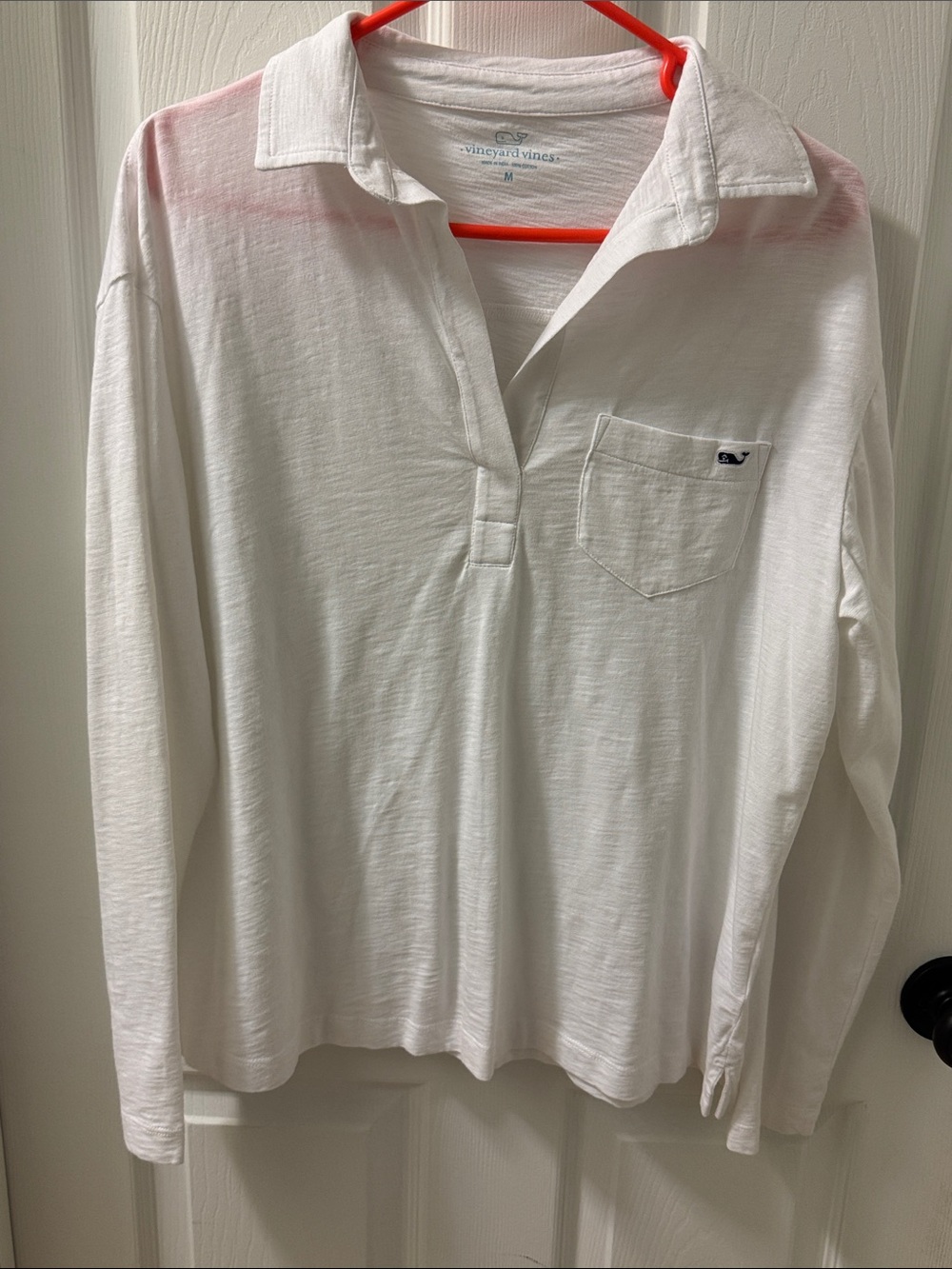 Vineyard Vines White Long Sleeve Polo with Pink Shoulder Tint